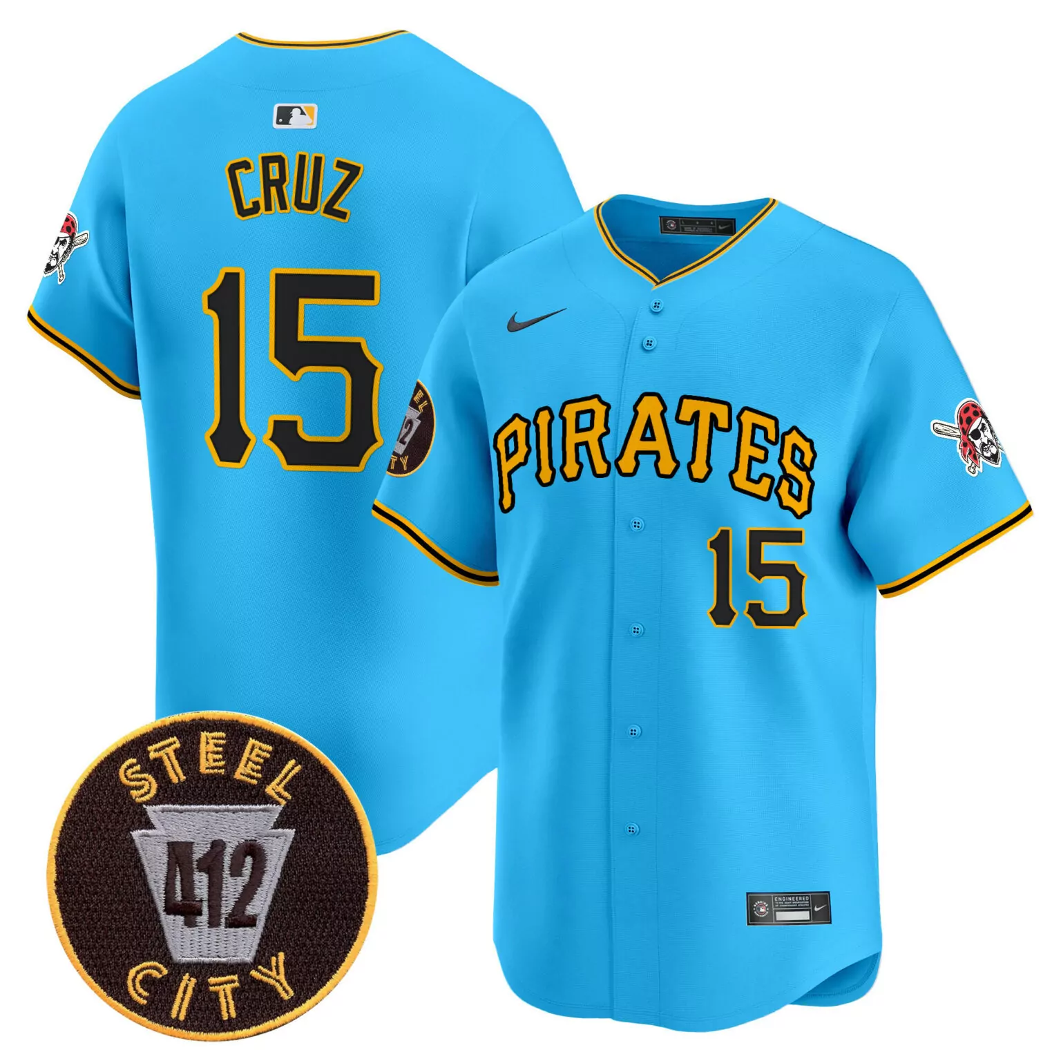 Custom Light blue oneil cruz pittsburgh pirates 412 patch jersey v3 all stitched 6056