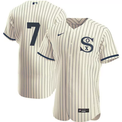 Personalized Mens chicago white sox 7 tim anderson 2021 creamnavy field of dreams flex base stitched jersey 5411