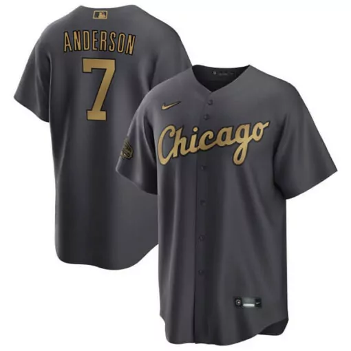 Custom Mens chicago white sox 7 tim anderson charcoal 2022 allstar cool base stitched jersey 4736