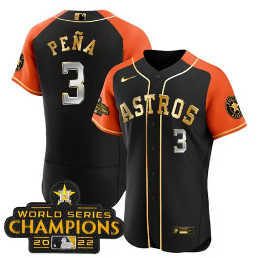 Personalized Mens houston astros 3 jeremy penaa 2023 black gold v2 alternate flex base stitched jersey 9220