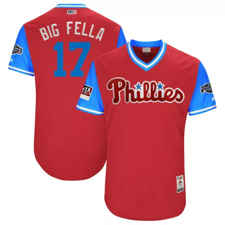 Customizable Mens philadelphia phillies rhys hoskins big fella majestic scarletlight blue 2018 little league classic jersey 3168