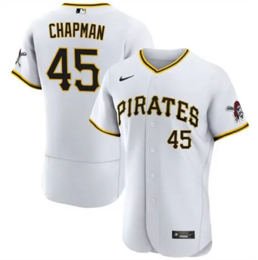Custom Mens pittsburgh pirates 45 aroldis chapman white flex base stitched jersey 6985
