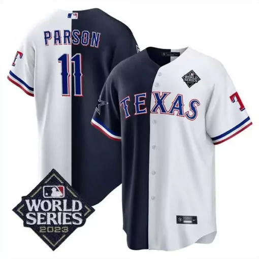 Custom Mens texas rangers 11 micah parsons whitenavy split 2023 world series cool base stitched jersey 7676
