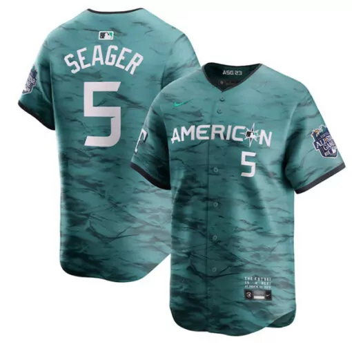 Personalized Mens texas rangers 5 corey seager teal 2023 allstar cool base stitched jersey 4327