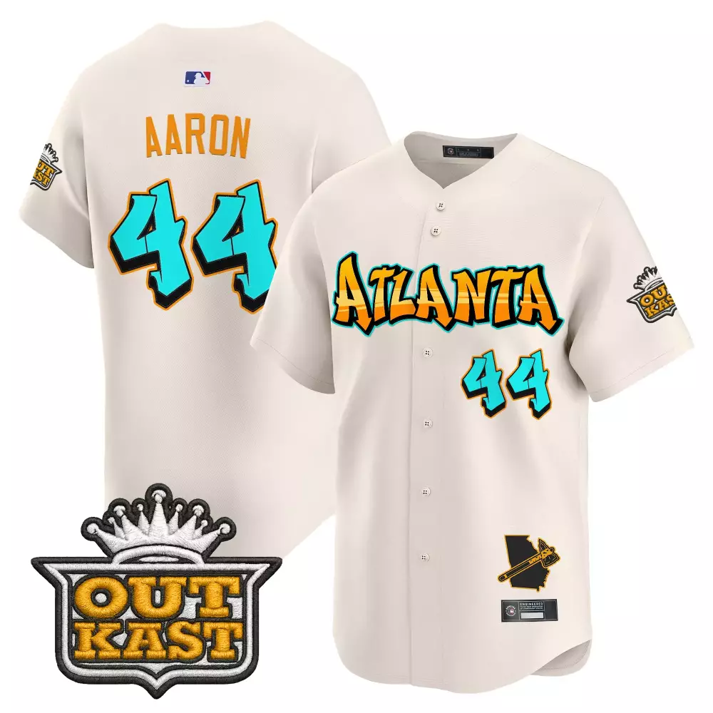 Aaron 44 Atlanta Braves 2023 Cream Stitched Outkast Patch Jersey | Men's Vapor | Fan Gear | For Men, Women & Youth