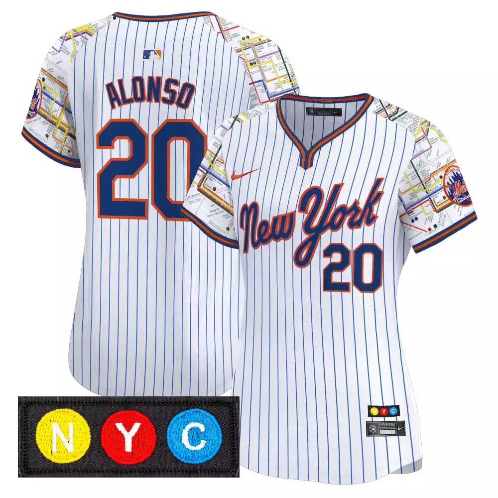 Alonso 20 Women's Vapor Jersey | White Pinstripe NYC Patch 2023 | New York Mets Fan Gear | For Men, Women & Youth