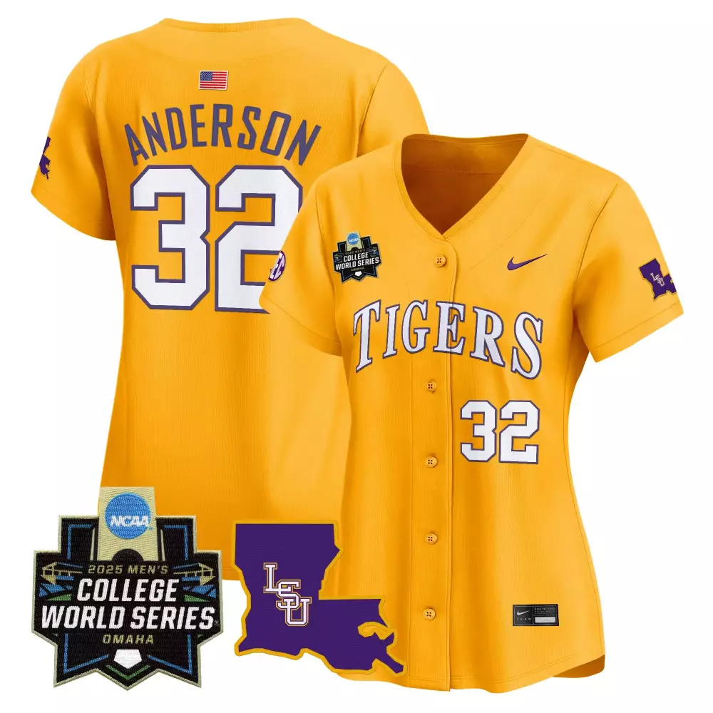 Anderson 32 LSU Tigers 2025 Gold Vapor Jersey | College World Series Style | Game Day Outfit for Women, Men & Youth