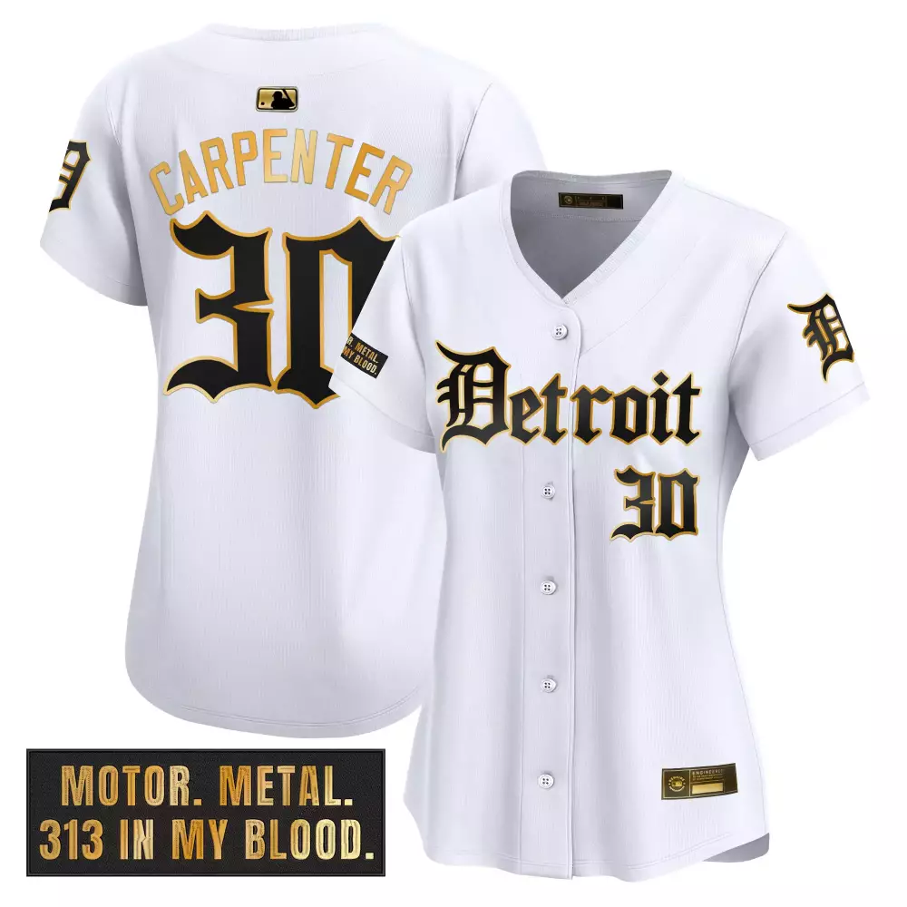 Carpenter 30 Women's Detroit Tigers 2023 White Vapor Jersey | Motor Metal Patch | Stylish Fan Gear | For Women