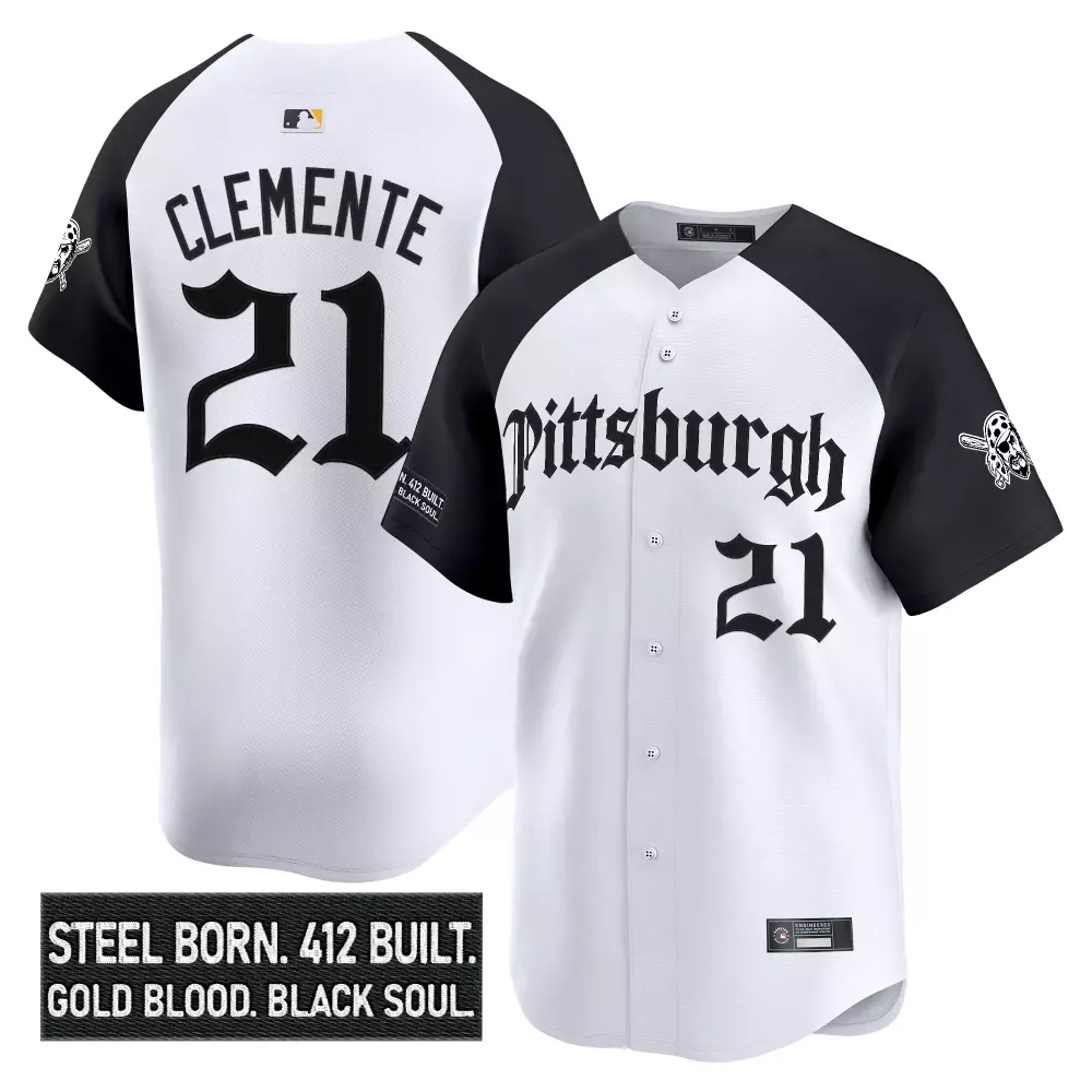 Clemente 21 Pittsburgh Pirates Vapor Jersey | Men's White Black 2023 Steel City Edition | For Men, Women & Youth