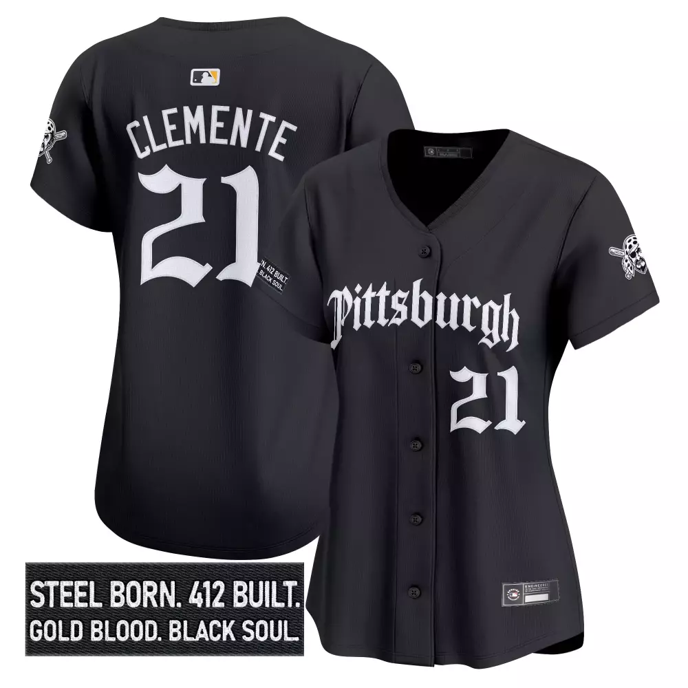 Clemente 21 Women's Pittsburgh Pirates Black Vapor Jersey | Steel City Edition 2023 | For Women & Youth