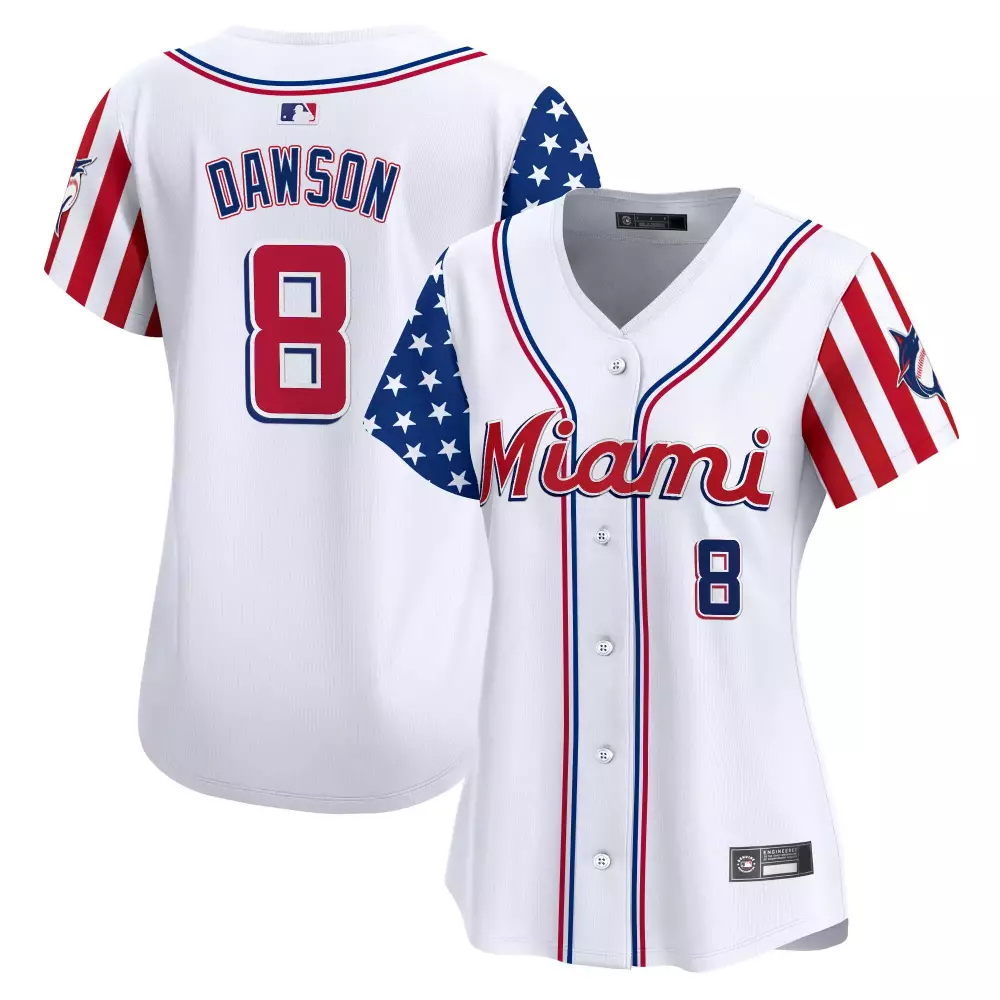 Dawson 8 Miami Marlins Women's Stitched Vapor Jersey | Independence Day 2025 White | Fan Gear for Game Day | For Men, Women & Youth