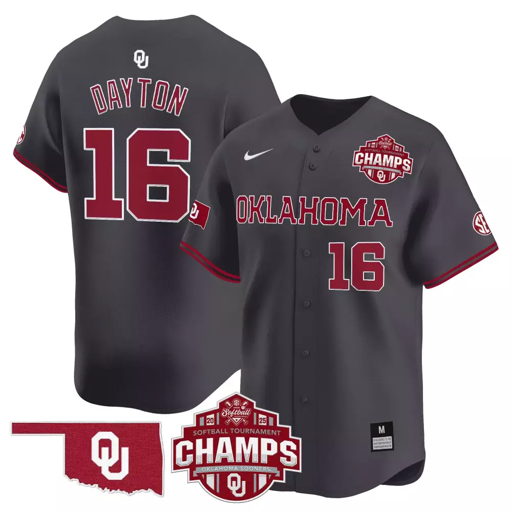 Personalized Oklahoma Sooners  NCAA Softball Tournament Champions Dayton 16 Vapor 2025 SEC Champs Edition Replica Jersey – Charcoal