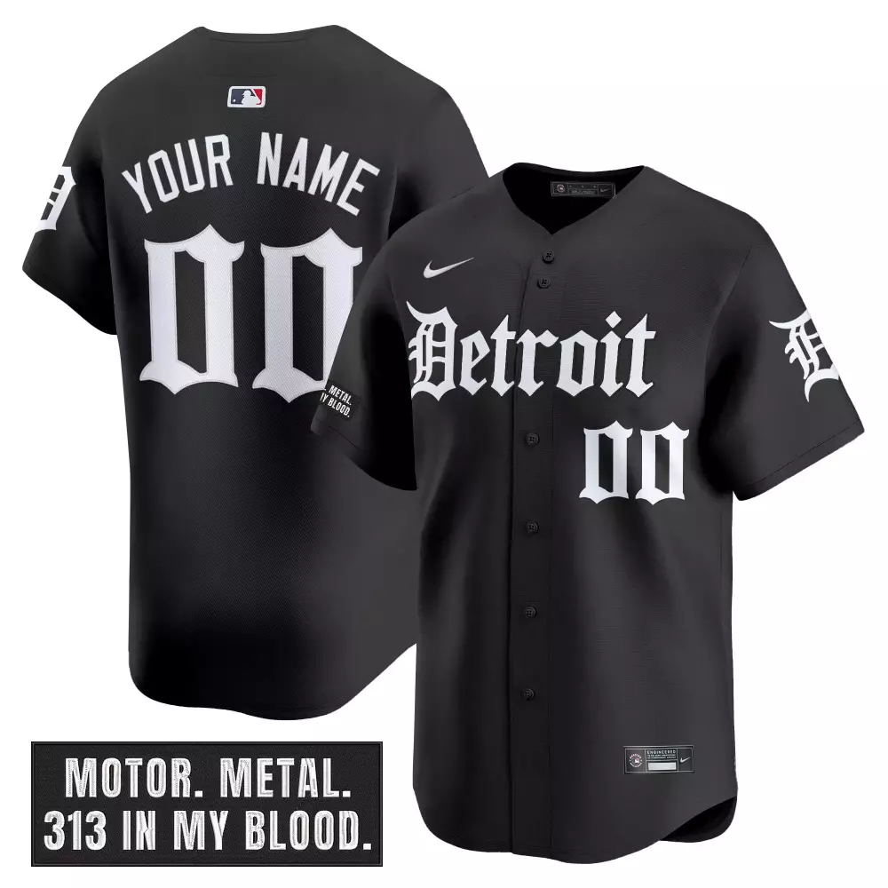 Custom Black Detroit Tigers Jersey | Motor Metal 313 Patch | Unique Fan Gear | For Men, Women & Youth