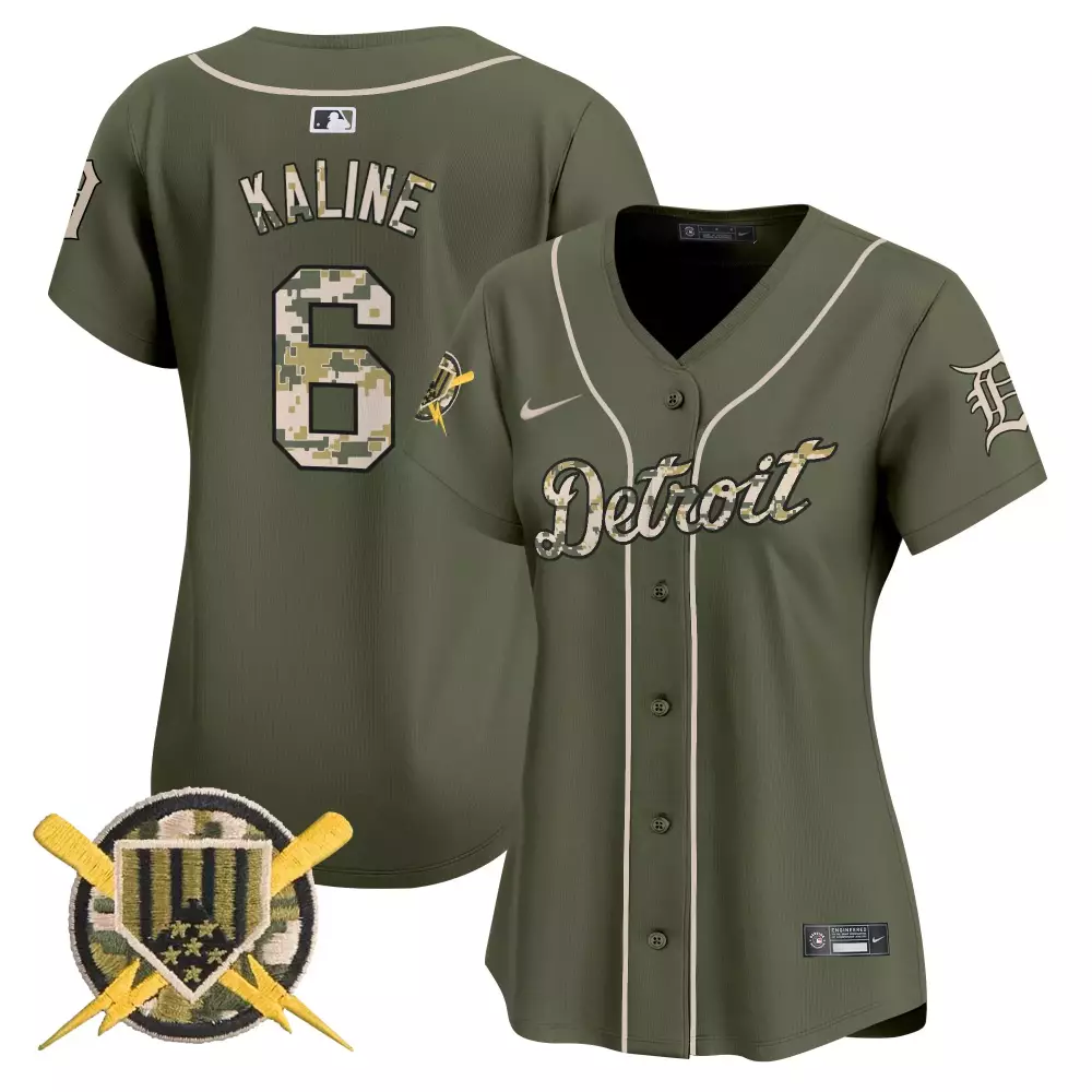 Kaline 6 Detroit Tigers Women's Camo Jersey | Olive Green Military Appreciation Edition for Women & Youth