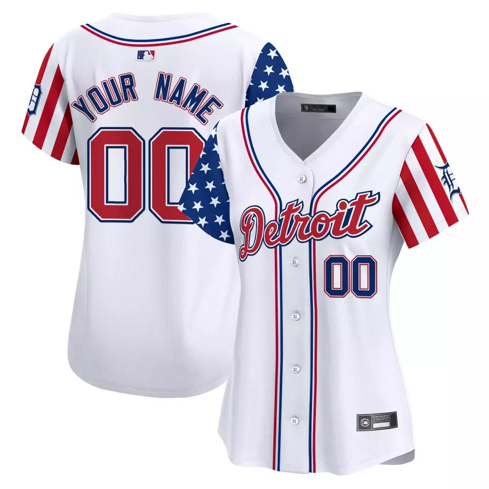 Detroit Tigers Women's Custom White Jersey with American Flag Sleeves | Stylish Fan Gear | For Men, Women & Youth