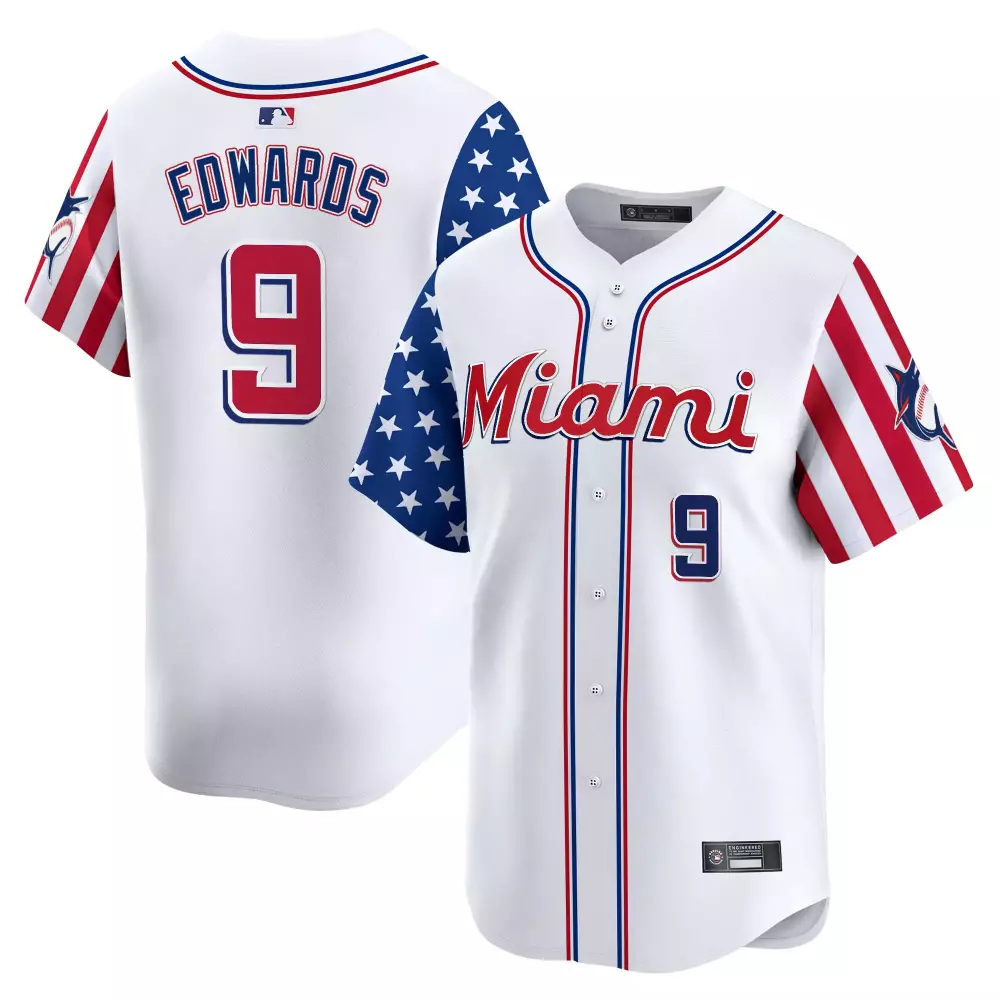 Edwards 9 Miami Marlins Independence Day Vapor Jersey | Stitched Embroidered Patch 2025 | Fan Gear for Game Day | For Men, Women & Youth