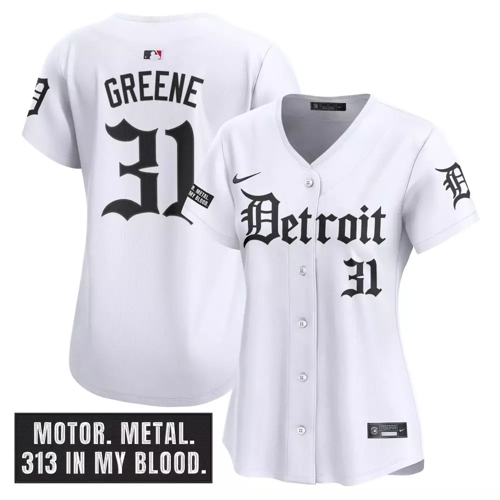 Greene 31 Women's Detroit Tigers 2023 Vapor Premier Jersey | White Motor Metal Patch | For Men, Women & Youth