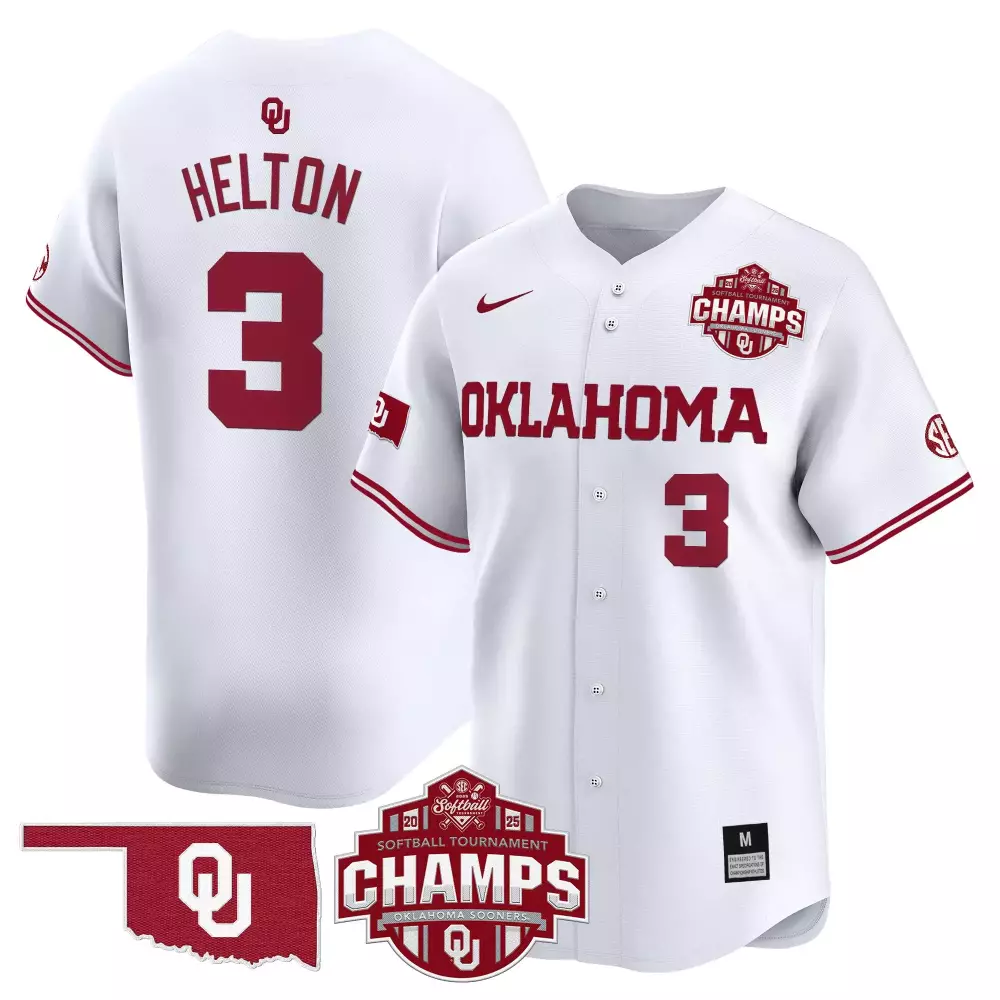 Personalized Oklahoma Sooners  NCAA Softball Tournament Helton 3 Vapor Champs 2025 Authentic Jersey – White