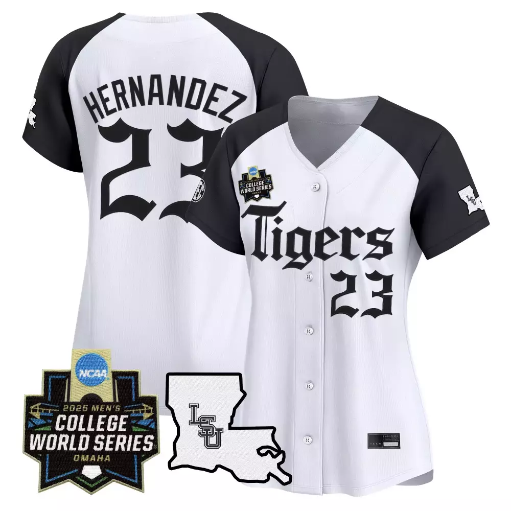 Hernandez 23 LSU Tigers 2025 Women’s Vapor Jersey | White & Black College World Series Edition | For Wom