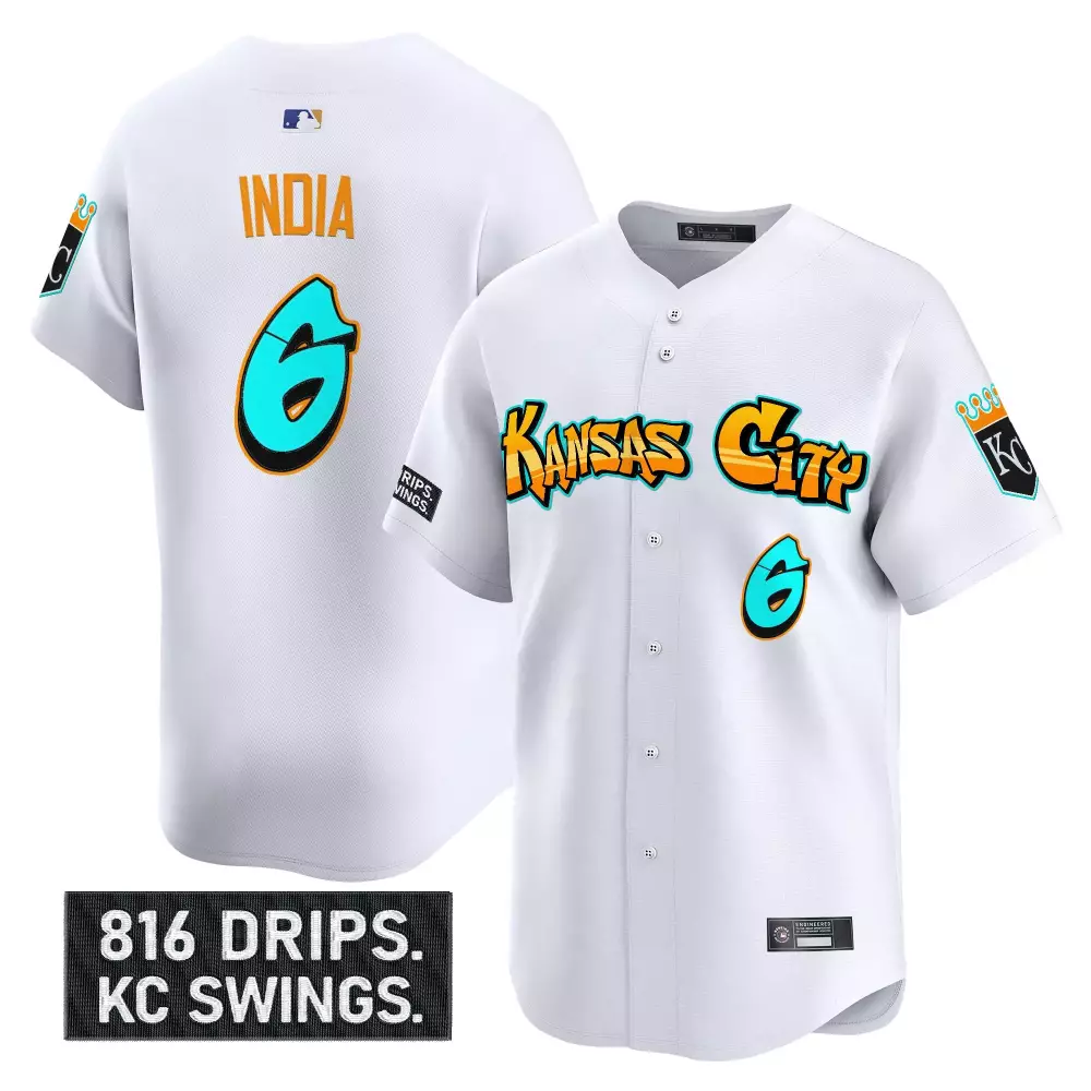 Kansas City Royals India 6 Stitched Vapor Jersey | White 2023 | 816 Drips Edition | For Men, Women & Youth