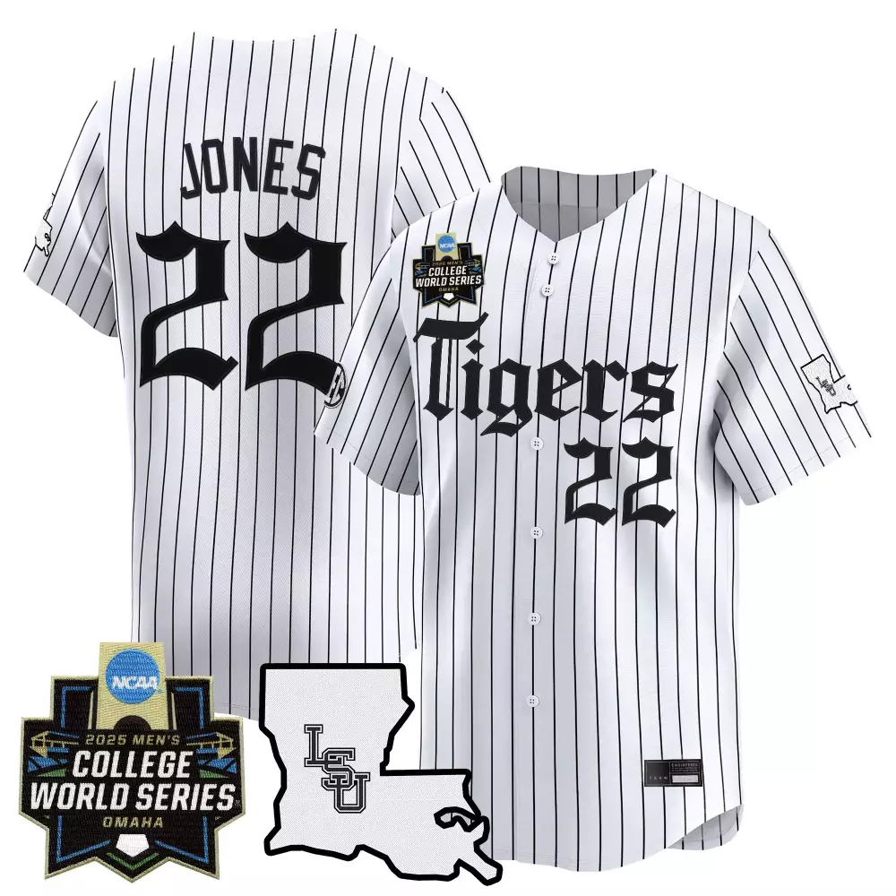 Jones 22 LSU Tigers White Vapor Jersey | 2025 College World Series Embroidered Patch | Fan Gear for Men