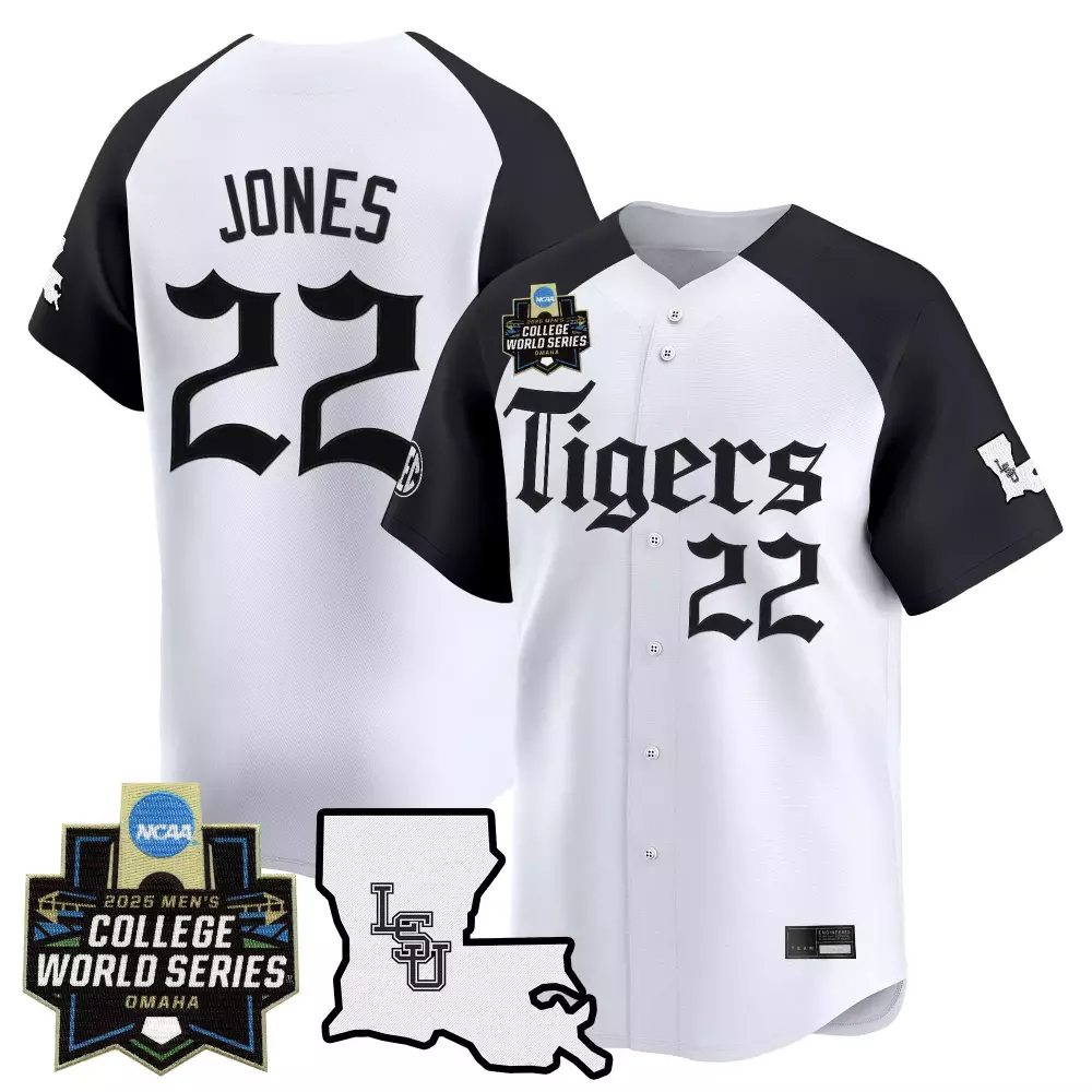 Jones 22 LSU Tigers 2025 College World Series Stitched Vapor Jersey | White & Black | Replica Fan Gear for Men, Women & Youth