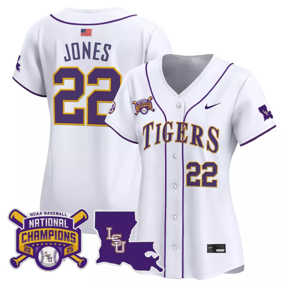 Jones 22 LSU Tigers 2025 National Champions White Vapor Jersey | NCAA Baseball | Limited Edition for Women, Men & Youth