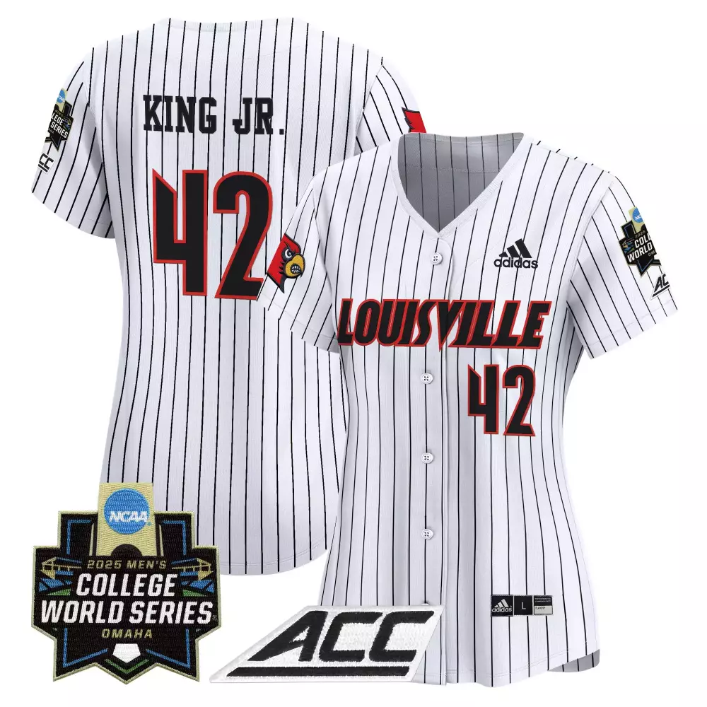 King Jr 42 Women's Louisville Cardinals White Red Vapor Jersey 2025 | College World Series ACC Patch | Fan Gear for Women & Youth
