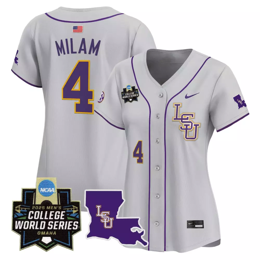 Milam 4 Women's LSU Tigers 2025 College World Series Vapor Jersey | Gray Stitched Embroidered Patch | Fan Gear for Women & Youth