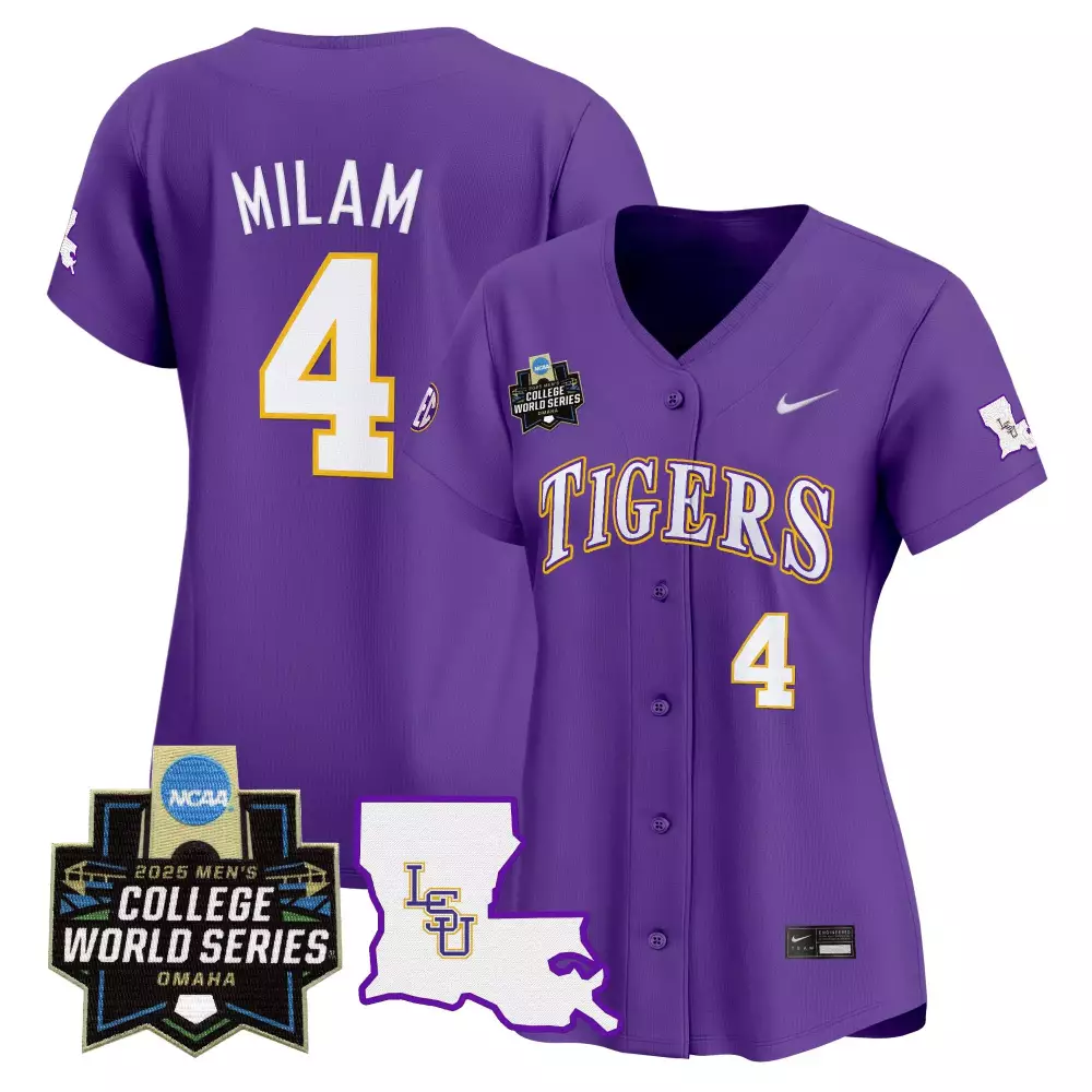 Milam 4 Women's LSU Tigers Purple Vapor Jersey | 2025 College World Series Embroidered Patch | Fan Gear for Women & Youth