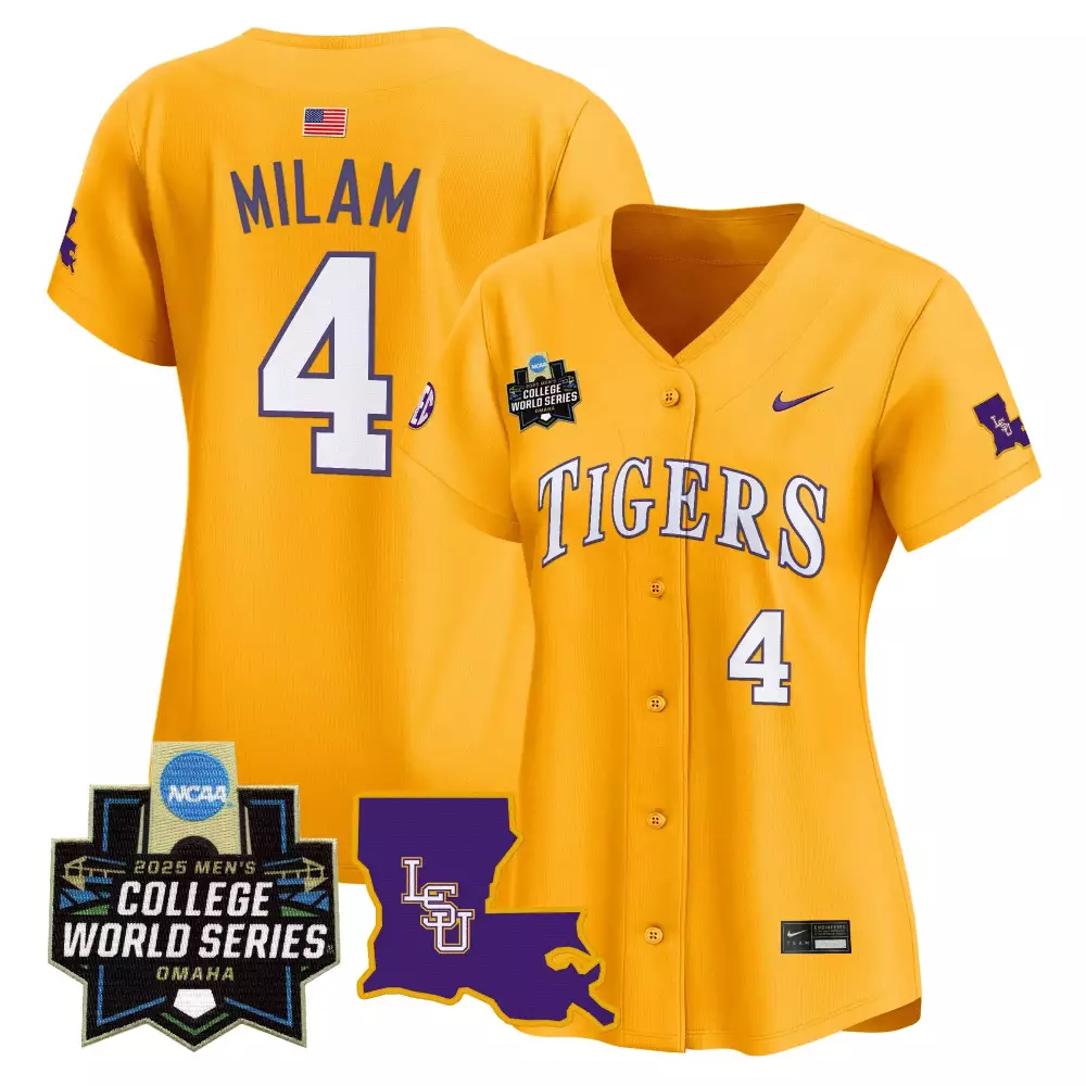 Milam 4 Women's LSU Tigers Yellow Vapor Jersey | 2025 College World Series Embroidered Patch | Fan Gear for Women & Youth