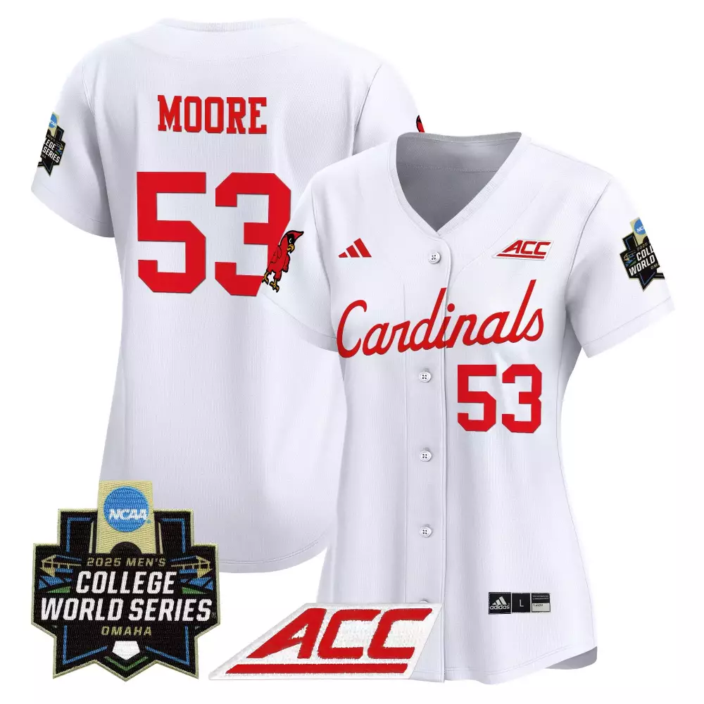 Moore 53 Women's Louisville Cardinals 2025 White Vapor Jersey | ACC Patch | College World Series Fan Gear | For Men, Women & Youth