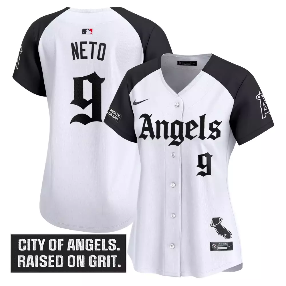 Neto 9 Women's Los Angeles Angels Stitched Vapor Jersey | White Black 2023 City of Angels Patch | Fan Gear for Women