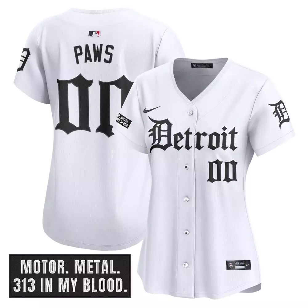Paws 00 Women's Nike Vapor Premier Jersey | Detroit Tigers White Motor Gothic Edition 2023 | Stylish Fan Gear | For Men, Women & Youth
