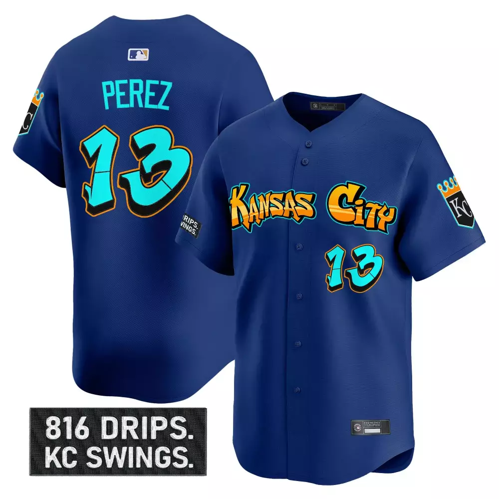 Perez 13 Kansas City Royals Blue Graffiti Crown Jersey | 2023 Vapor Style | Limited Edition Fan Gear | For Men, Women & Youth