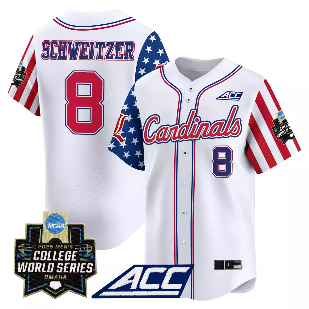 Louisville Cardinals Schweitzer 8 Men's White Independence Day Vapor Jersey 2025 | College World Series Fan Gear | For Men, Women & Youth