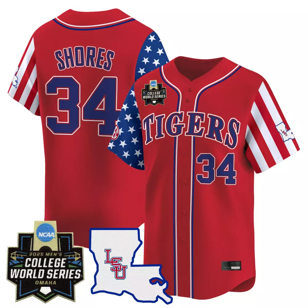 Shores 34 LSU Tigers Men's Red Vapor Jersey | 2025 College World Series Embroidered Patch Style | Fan Gear for Men, Women & Youth