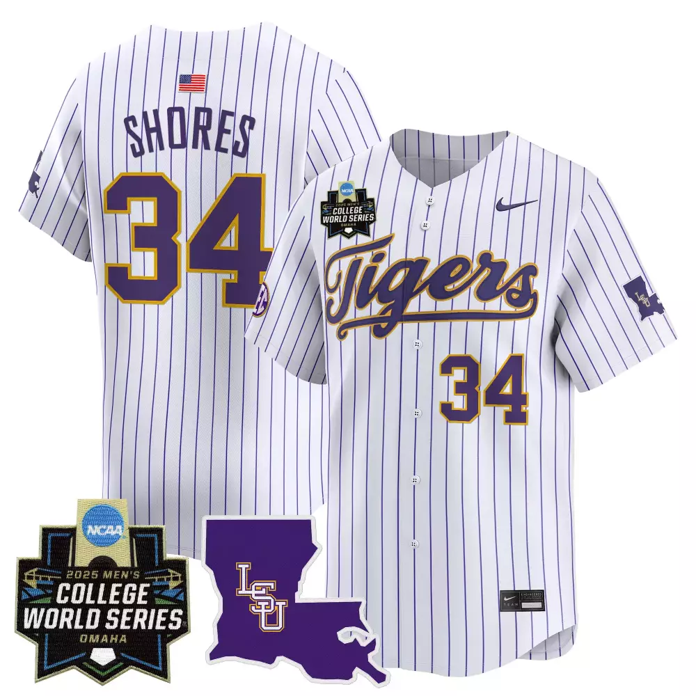 Shores 34 LSU Tigers Men's Vapor Stitched Jersey | 2025 College World Series White & Purple Style | Fan Gear for Men, Women & Youth