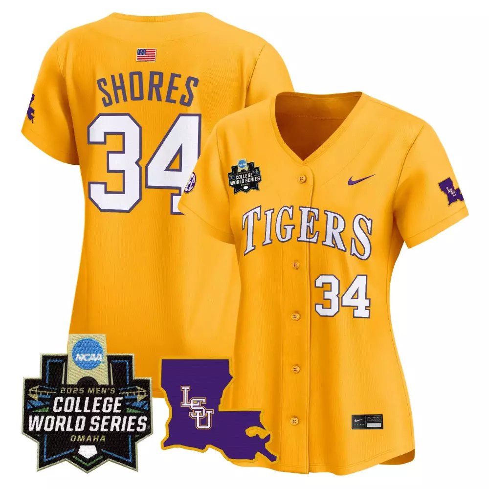 Shores 34 LSU Tigers 2025 Vapor Stitched Jersey | Gold College World Series Edition | For Men, Women & Youth