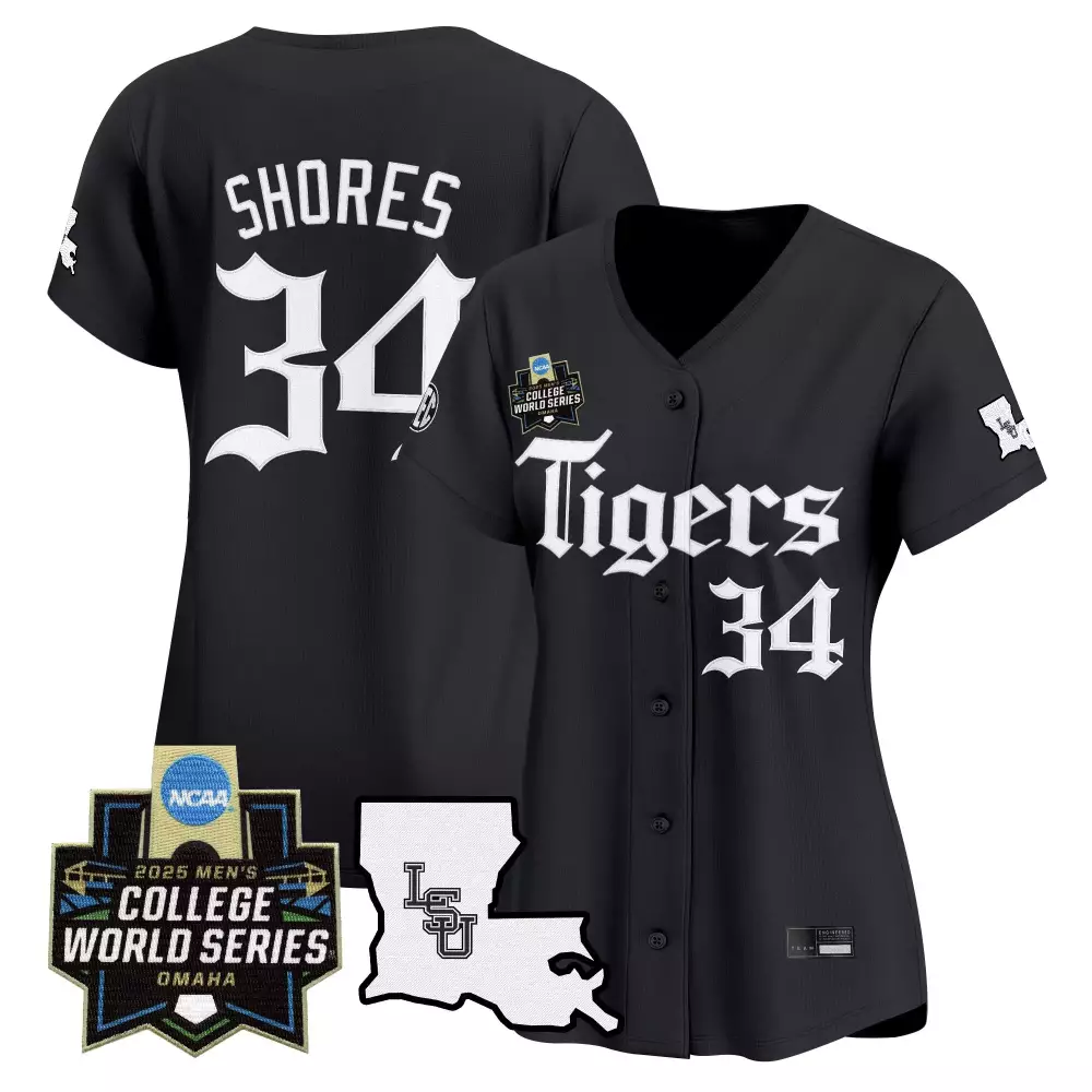 Shores 34 LSU Tigers Stitched Vapor Jersey | Black 2025 College World Series Edition | For Men, Women & Youth