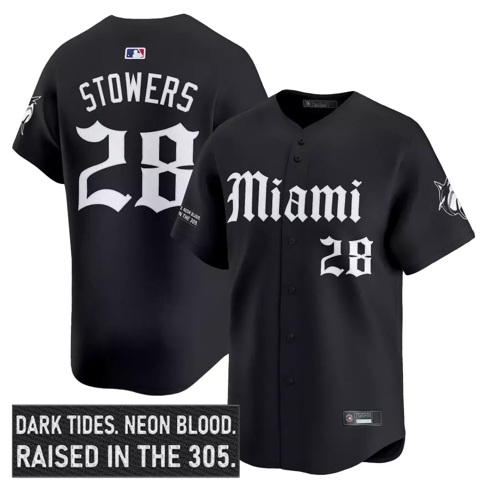 Stowers 28 Men's Miami Marlins Black Vapor Jersey | 2023 Dark Tides Edition | For Men, Women & Youth