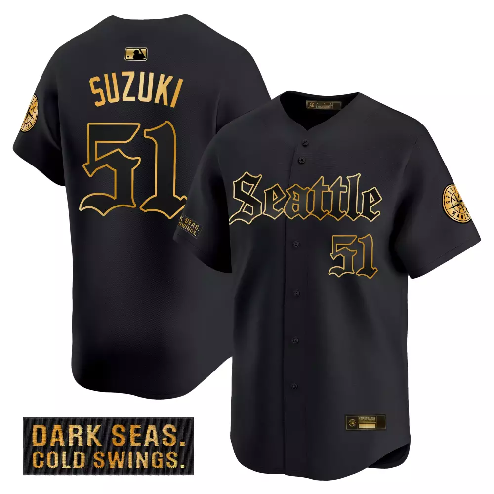 Suzuki 51 Men's Stitched Vapor Jersey | Black Dark Seas Patch Seattle Mariners 2023 | Fan Gear for All