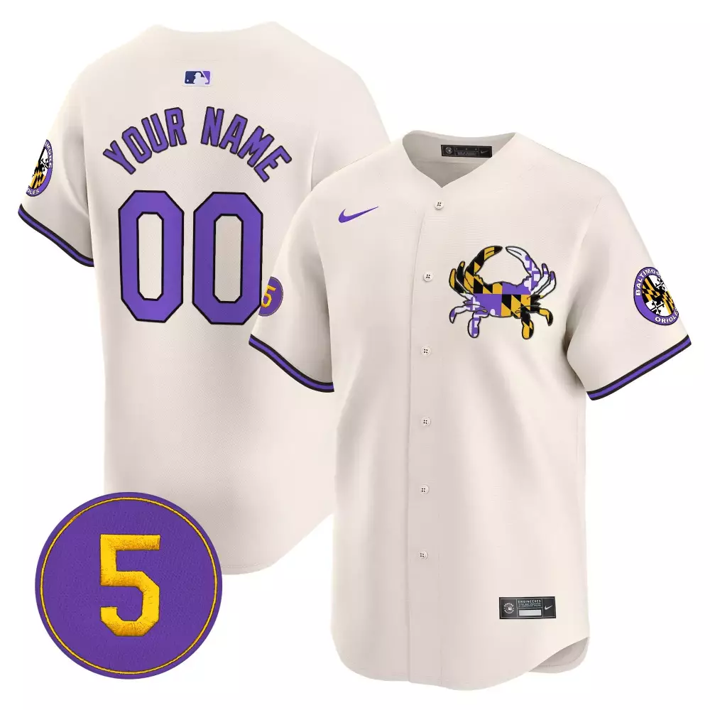 Your Name 00 Baltimore Orioles Cream Jersey | Purple Accents & 5 Patch | Custom Fan Gear for Men, Women & Youth