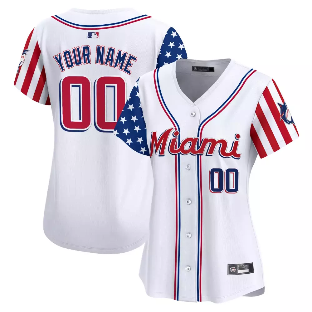 Your Name 00 Miami Marlins Women's Independence Day 2025 Vapor Jersey | White with Patch | For Women & Youth