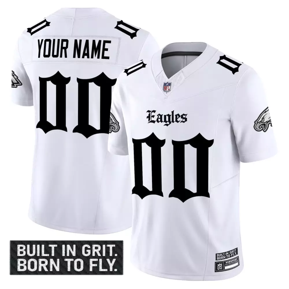 Your Name 00 Philadelphia Eagles White Vapor Jersey | Built in Grit Patch 2023 Edition | Fan Gear for Men, Women & Youth
