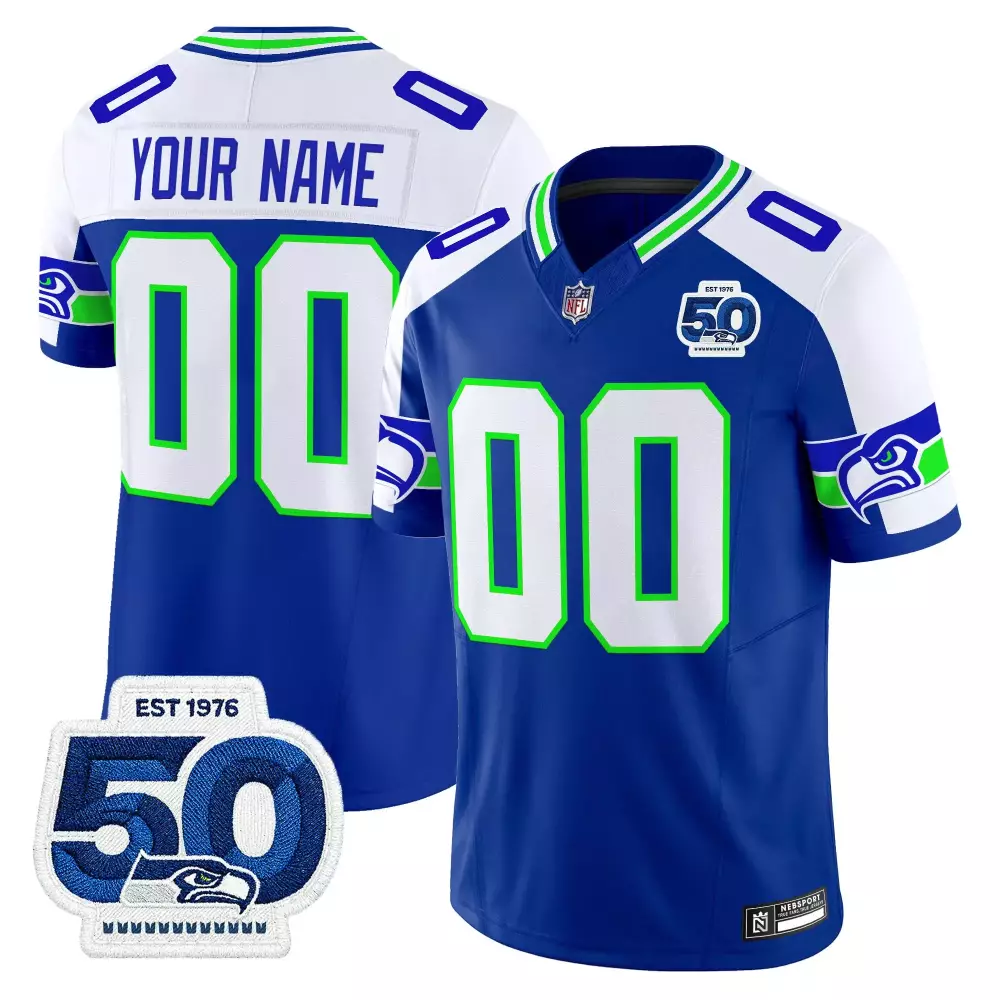 Your Name 00 Seattle Seahawks Men's Vapor Stitched Jersey | 50th Anniversary Patch 2023 | Game Day Outfit | For Men, Women & Youth