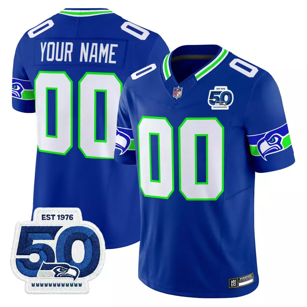 Your Name 00 Seattle Seahawks Vapor Limited Stitched Jersey | Blue 50th Anniversary Patch 2023 | For Men, Women & Youth