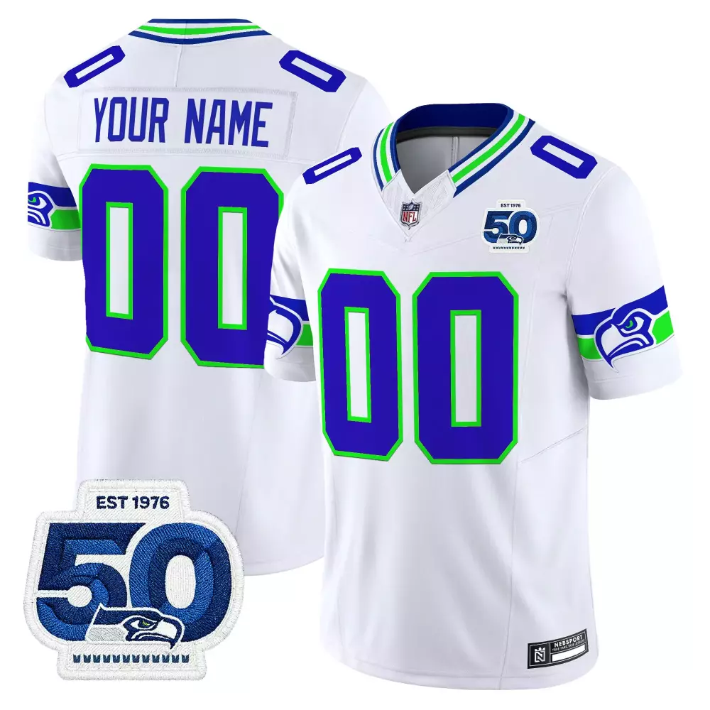 Your Name 00 Seattle Seahawks White Vapor Stitched Jersey | 50th Anniversary Patch 2023 | For Men, Women & Youth