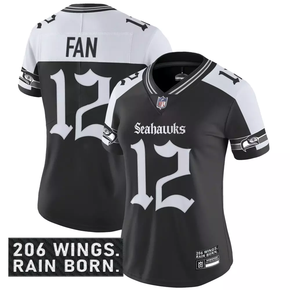 Seattle Seahawks Fan 12 Women's Vapor Jersey | Black 206 Wings Patch 2023 Edition | For Women, Men & Youth