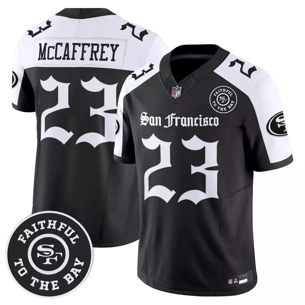 McCaffrey 23 San Francisco 49ers Vapor Stitched Jersey | White Forged in the Fog Patch 2023 | For Men, Women & Youth
